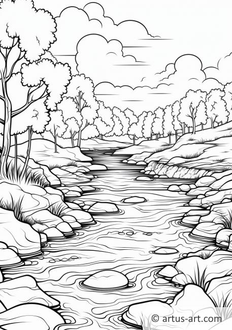 Pagină de colorat cu o scenă liniștită de râu